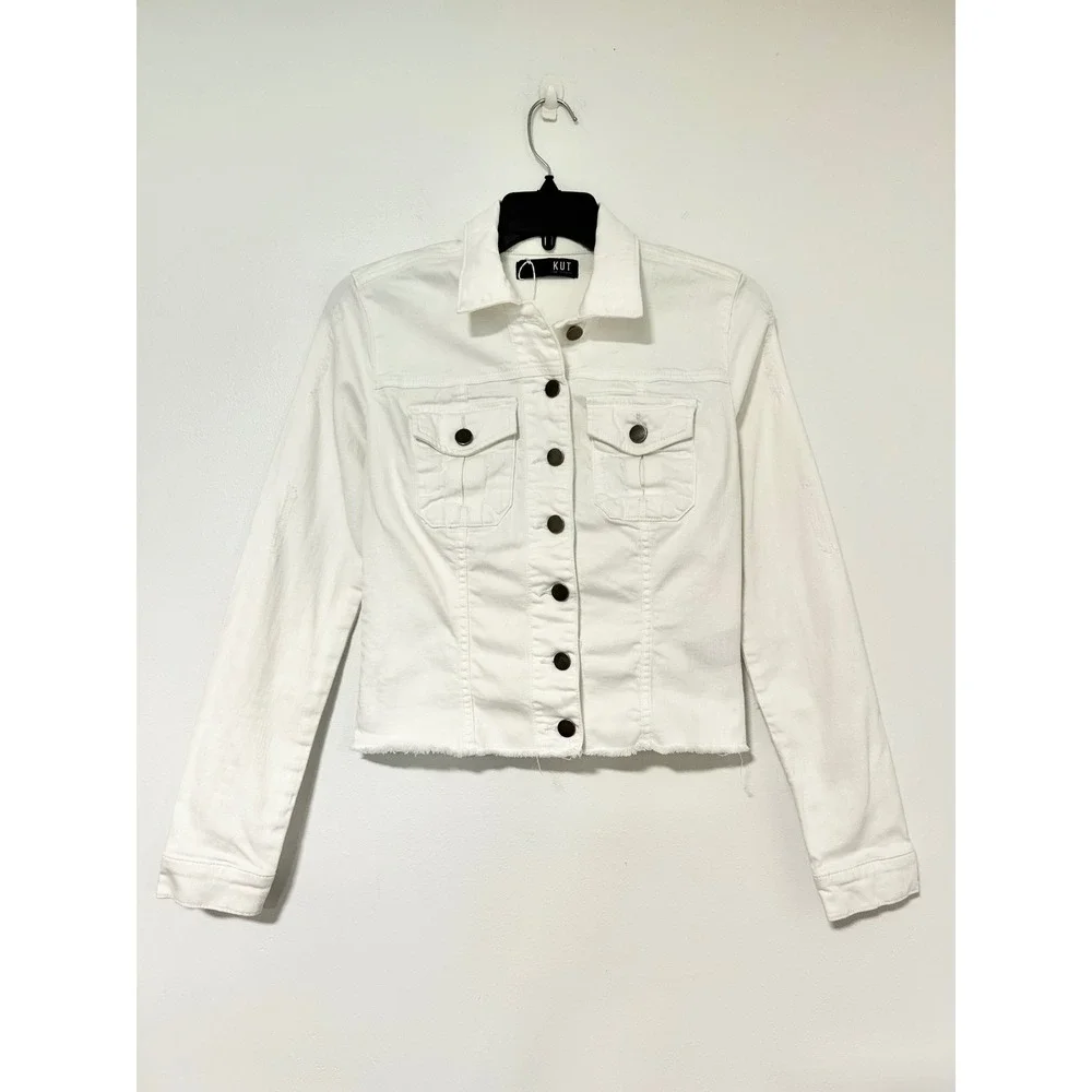 KUT from the Kloth Kara White Denim Jacket Raw Hem KJ0314MA2 Womens XS